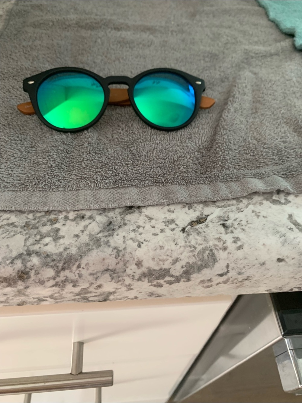 Black Frame Sunglasses with Green Mirrored Lenses and Tan Temples